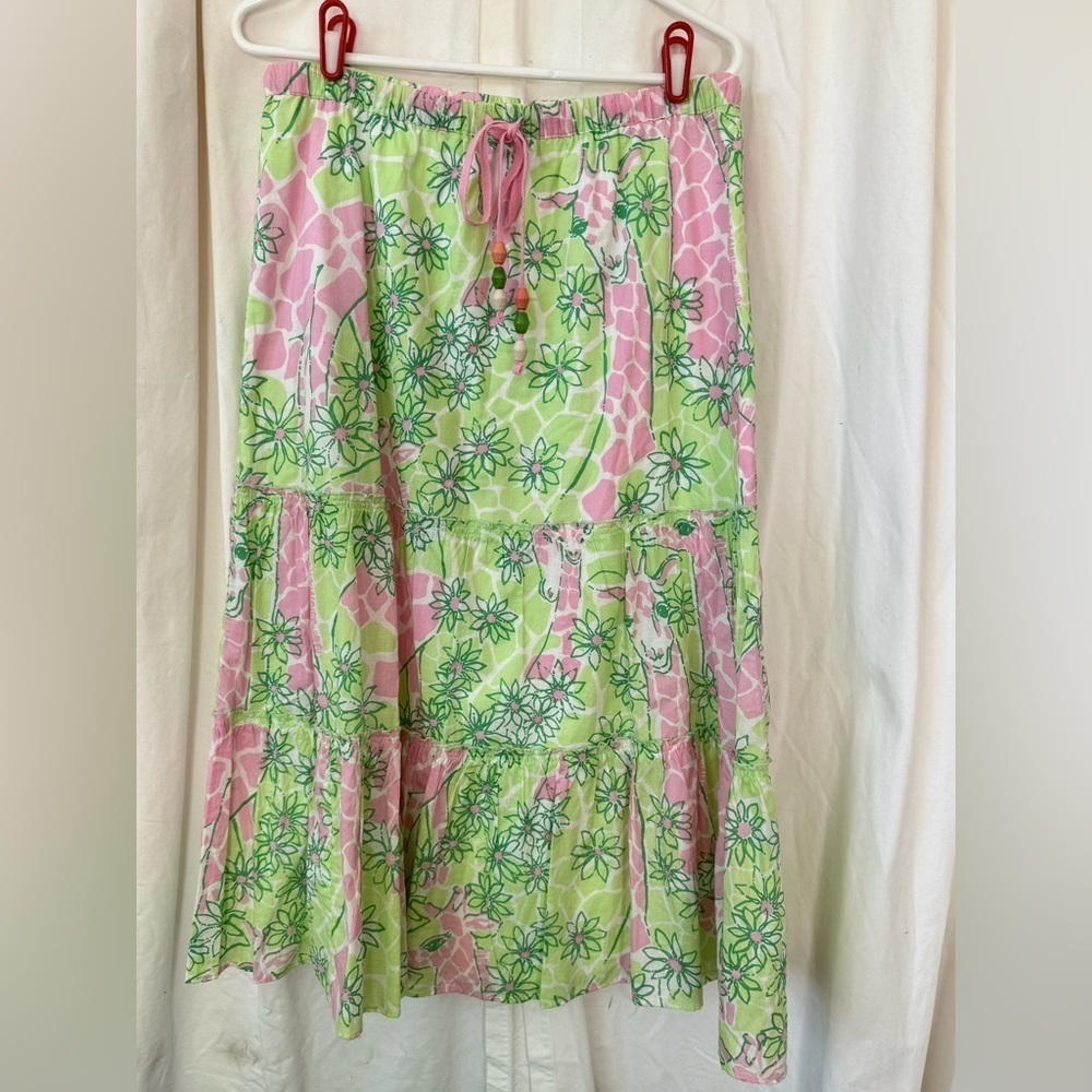 Lilly Pulitzer Vintage White Tag Slip Lined Long Ruffle Skirt Giraffes Women's S